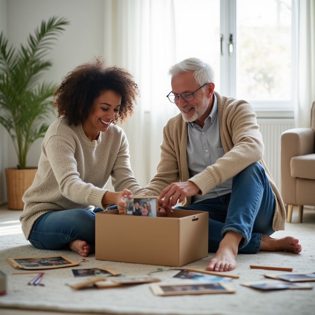 Adult child and parent sitting together sorting through boxes and family items