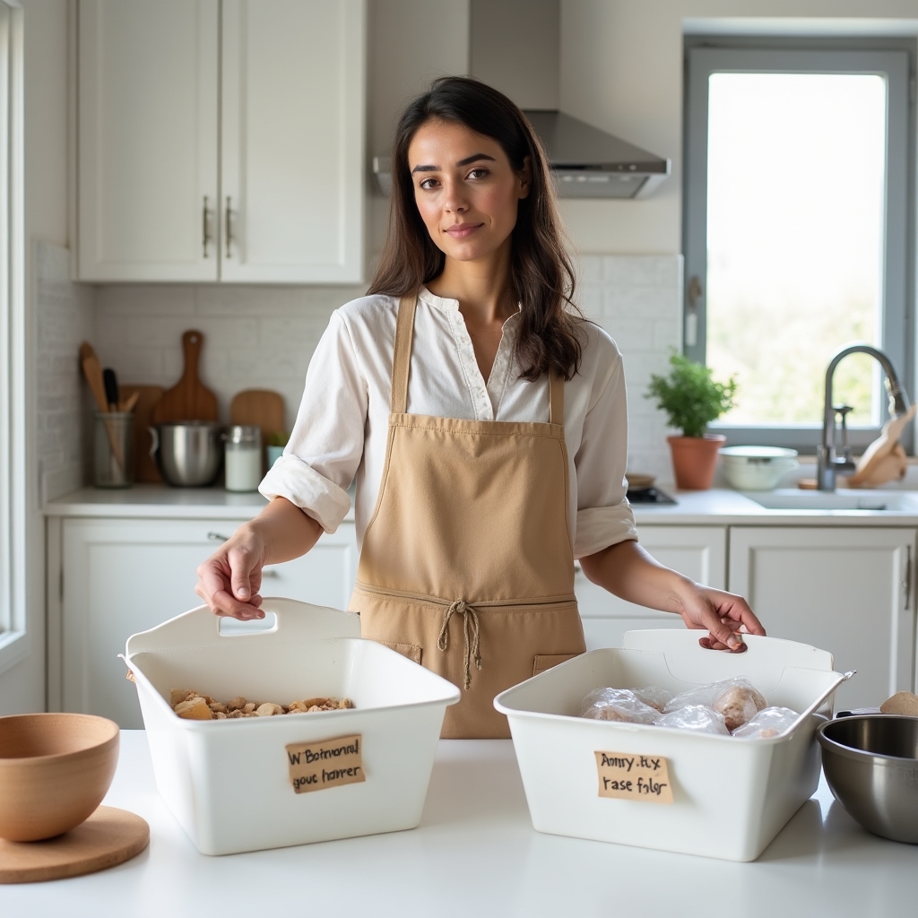 Kitchen items sorted onto a counter during a decluttering session ahead of downsizing