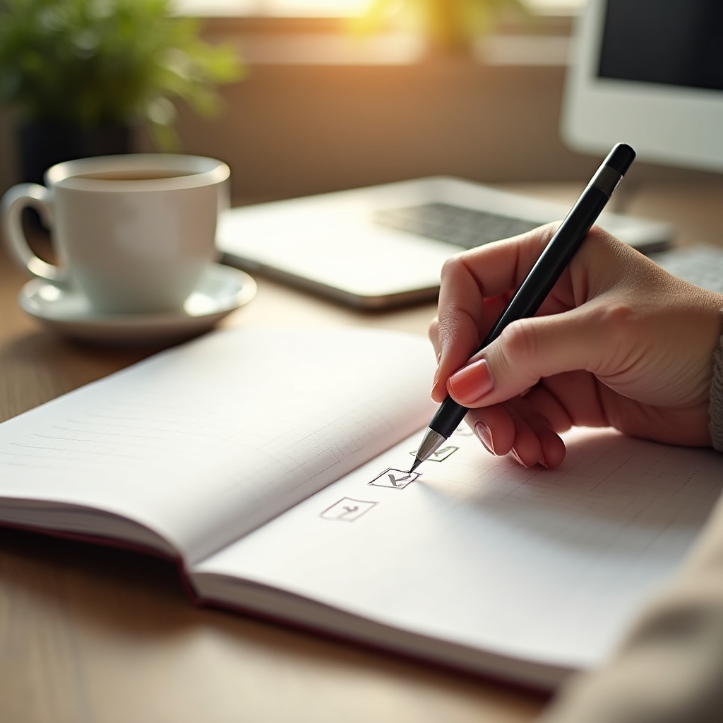 Planning notebook and checklist on a desk used to organize a downsizing timeline