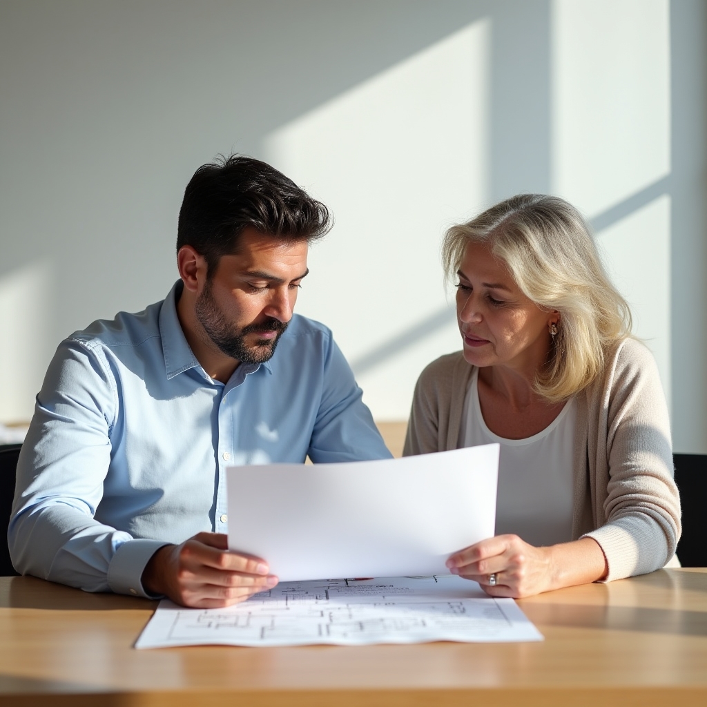 Consultant and homeowner discussing a downsizing plan at a table with notes and a floor plan