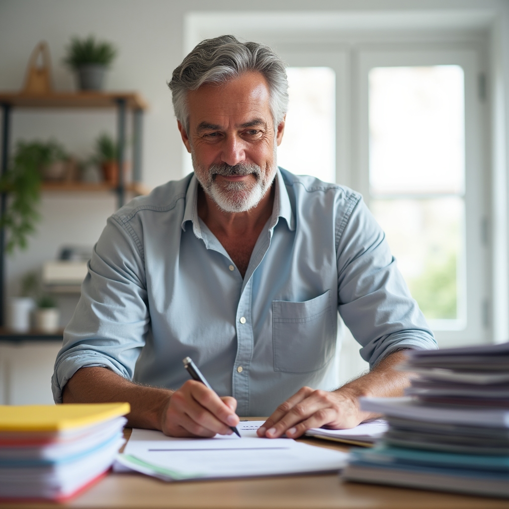 Folders and documents being organized on a desk during a downsizing session