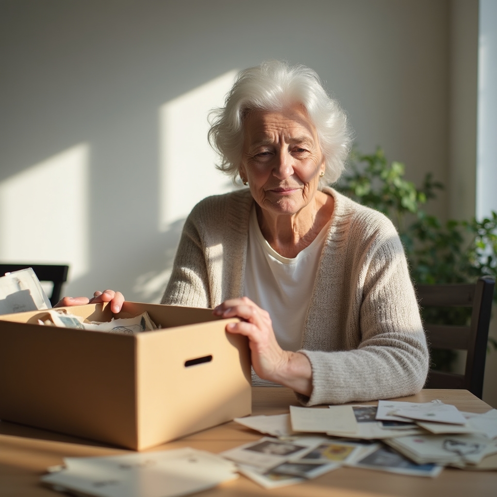 Homeowner reviewing a box of keepsakes and photographs during a sorting session