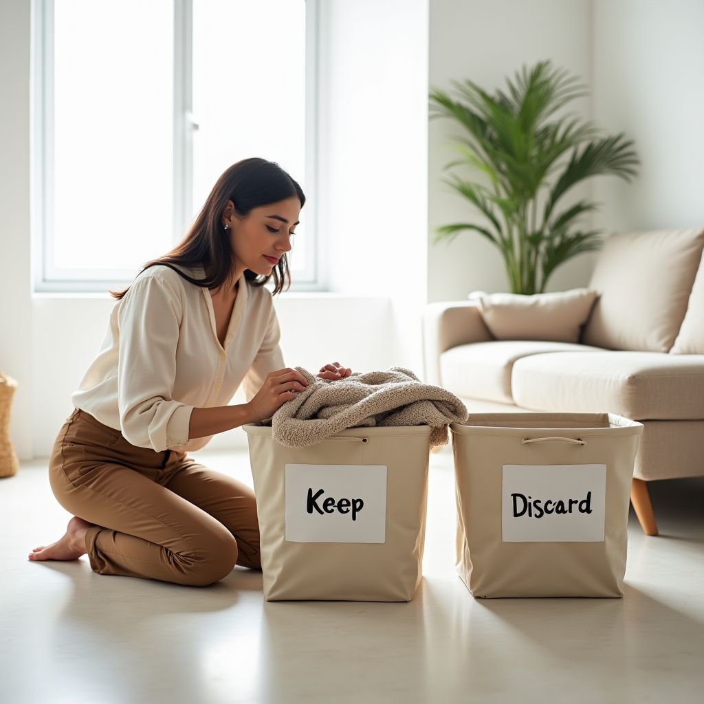 Labeled bins for keep, donate, and discard categories during a home sorting session